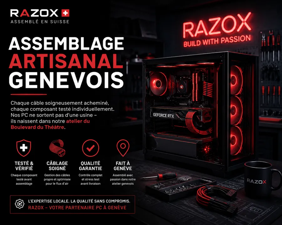 Assemblage artisanal genevois — PC gaming assemblés à la main dans notre atelier à Genève