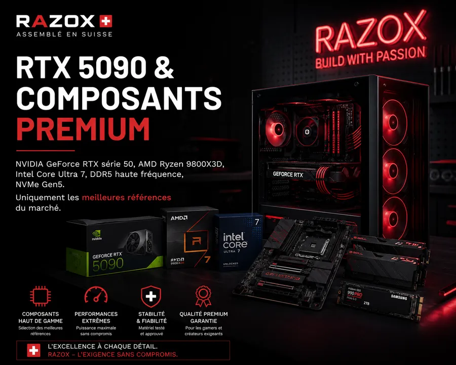 RTX 5090 et composants premium — NVIDIA GeForce RTX série 50, AMD Ryzen 9800X3D, DDR5, NVMe Gen5