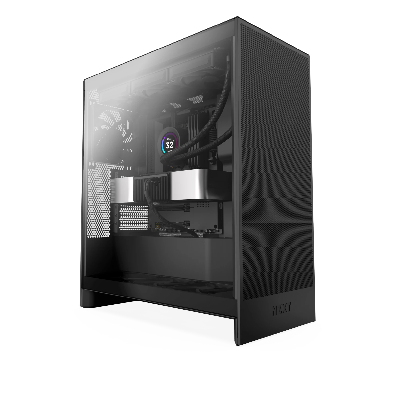 Boîtier NZXT H7 Flow noir, panneau verre trempé, watercooling et carte mère visibles