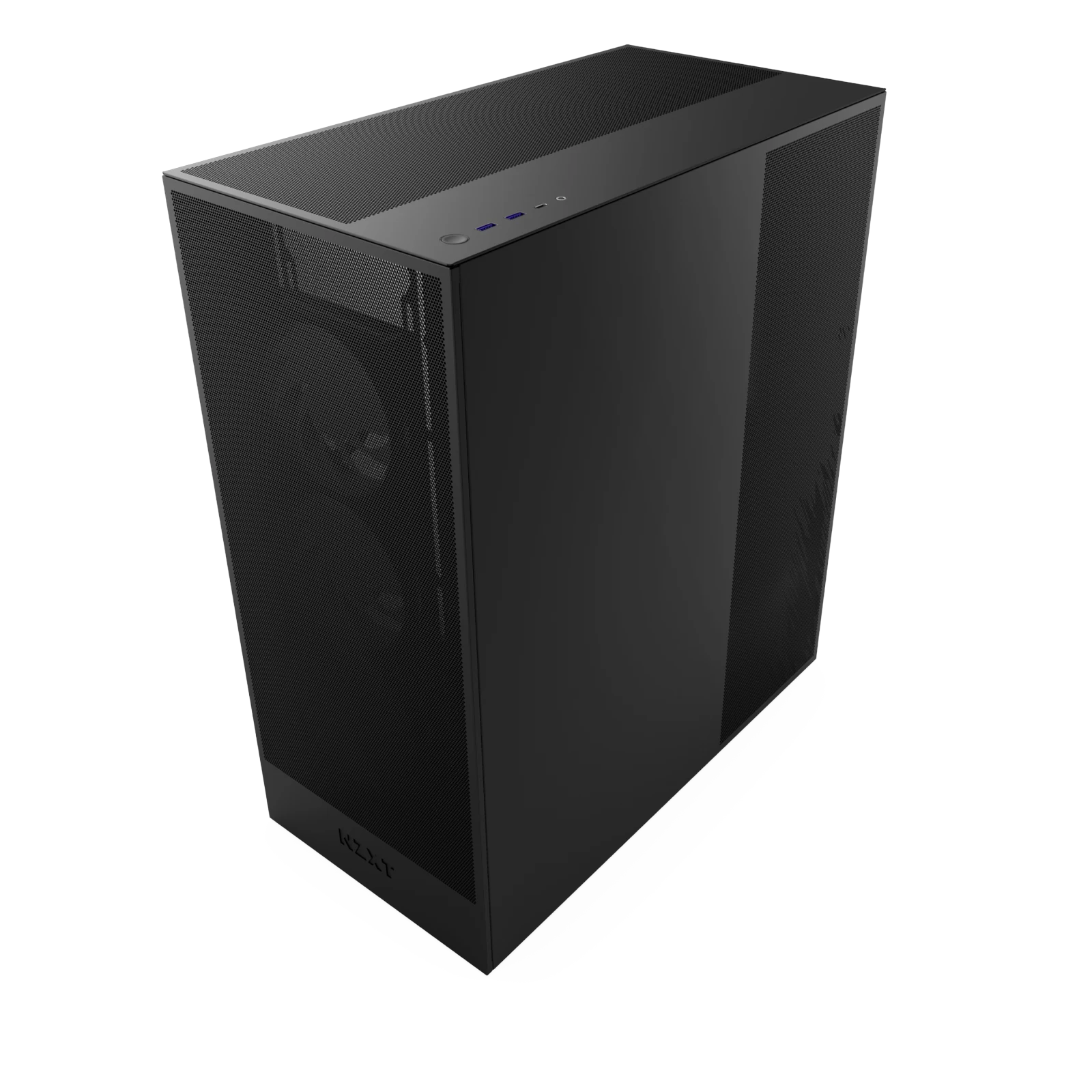 Boîtier NZXT H7 Flow noir fermé, façade mesh haute perméabilité, vue trois quarts