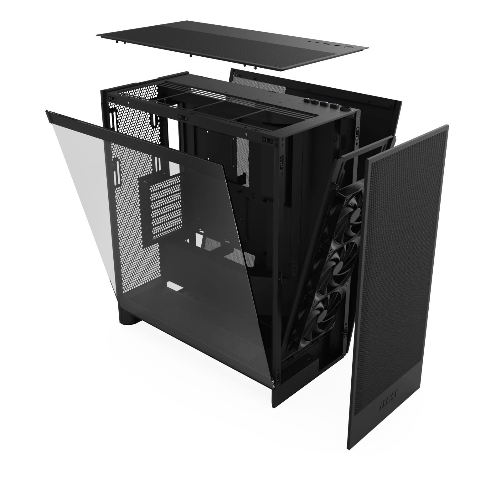 Panneaux amovibles du NZXT H7 Flow noir : verre trempé, mesh et ventilateurs latéraux