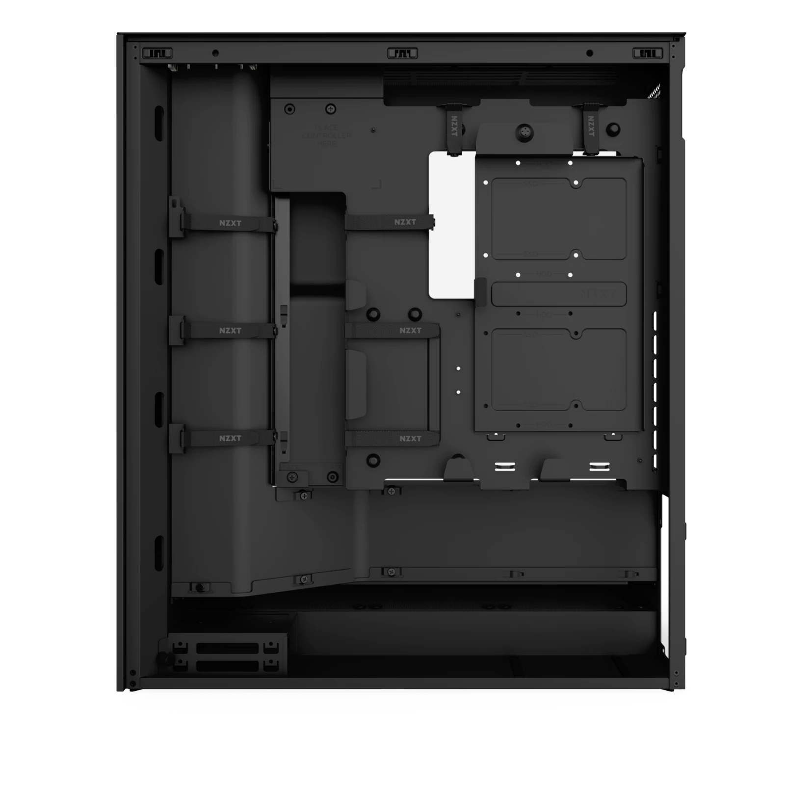 Face arrière du NZXT H7 Flow noir : chemins de câbles, supports SSD et ventilateur arrière